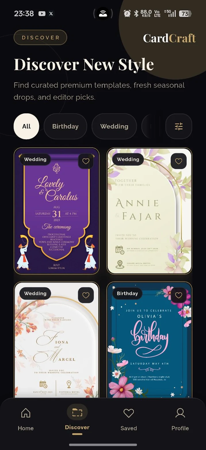 CardCraft app browsing templates and categories