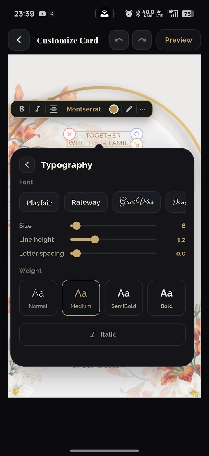 CardCraft customize card screen with editing controls