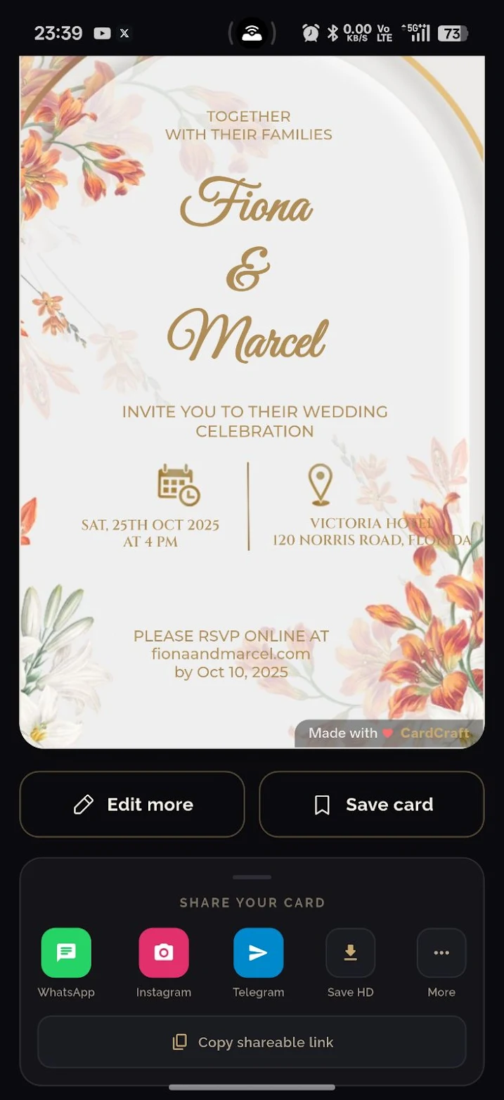CardCraft preview and share screen